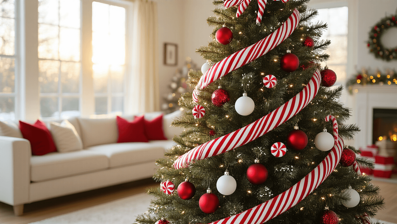 Cinematic wide-angle shot of a candy cane Christmas tree in a cozy living room, adorned with red-white striped ribbon, glossy red and matte white ornaments, oversized peppermint swirls, and mini candy canes, all illuminated by warm LED lights.