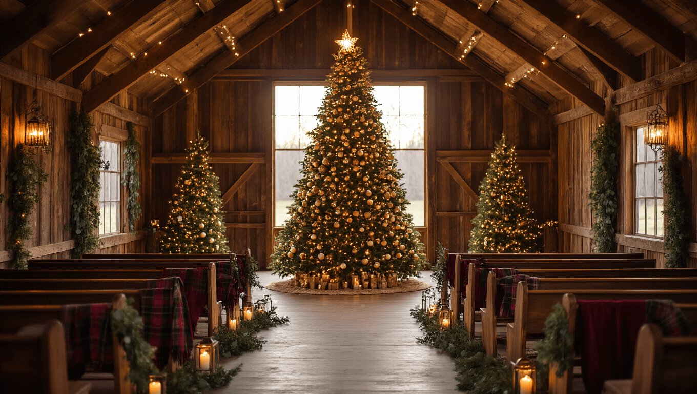 Cinematic wide shot of a rustic barn chapel adorned for a Christmas wedding, featuring a large decorated Christmas tree, warm lighting, wooden pews with plaid blankets, and festive decorations like eucalyptus garlands and lanterns.