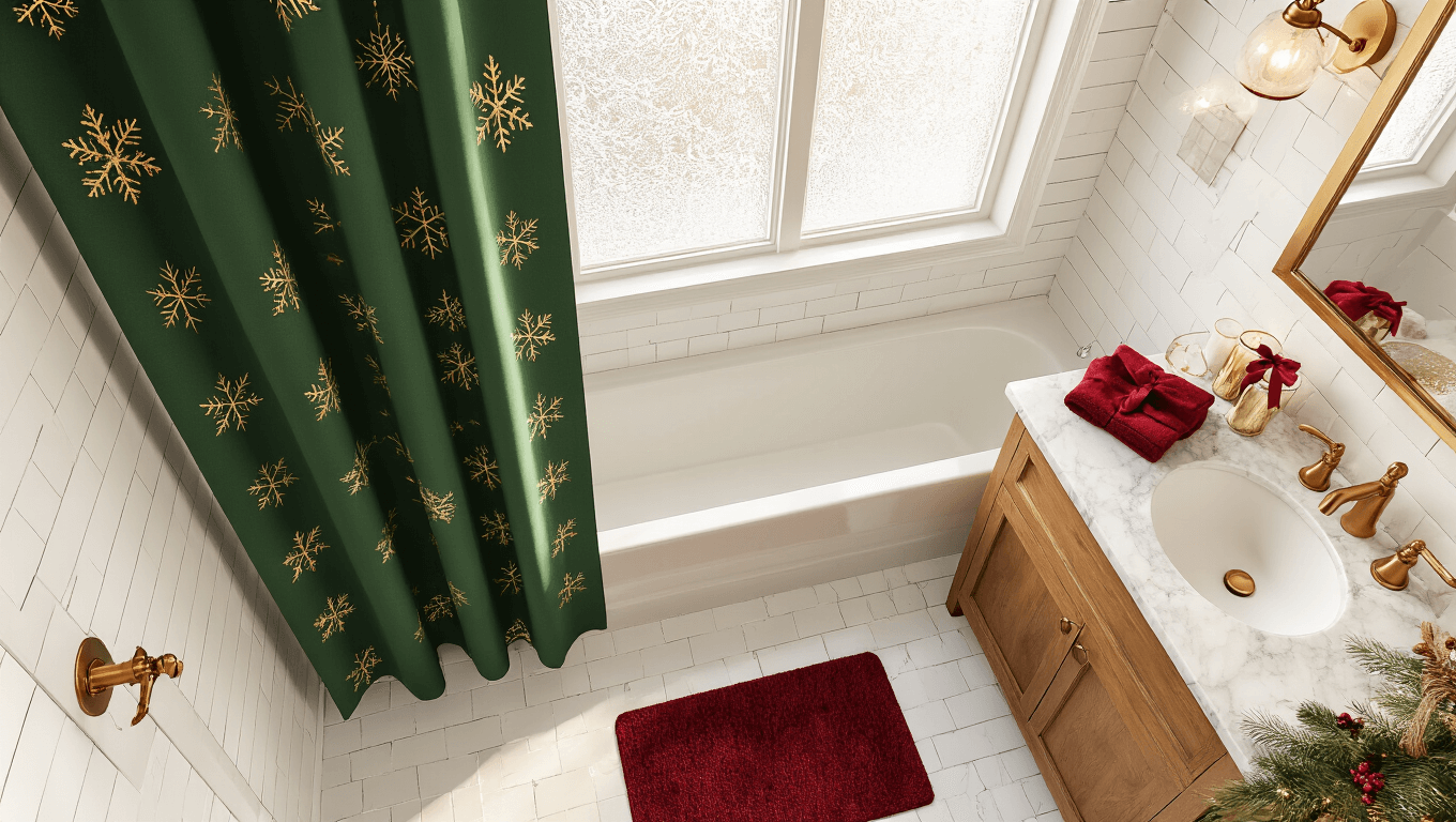 Photorealistic overhead view of an elegant powder room decorated for Christmas, featuring a forest green shower curtain with gold snowflakes, burgundy bath mat, marble vanity with brass fixtures, festive red hand towels, and pine-scented candles, all illuminated by warm golden light.