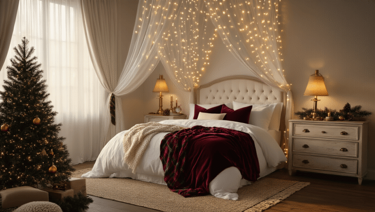 Cinematic wide shot of an elegant Christmas bedroom with white linens, burgundy velvet throw, warm lighting, fairy lights above headboard, small pre-lit evergreen tree, brass table lamps, and cozy decor, evoking a festive atmosphere.