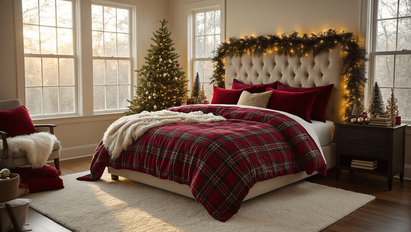 Cozy Christmas bedroom decorated with red velvet pillows, plaid duvet, evergreen garland, and fairy lights, featuring warm sunlight and rich textures.