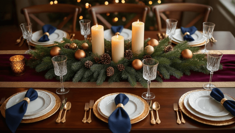 Creating the Perfect Christmas Dining Table Decor That'll Make Your Guests Say "Wow!" Elegant Christmas dining table set with a burgundy tablecloth, gold runner, lush evergreen centerpiece, and warm golden hour lighting, creating a cozy holiday atmosphere.