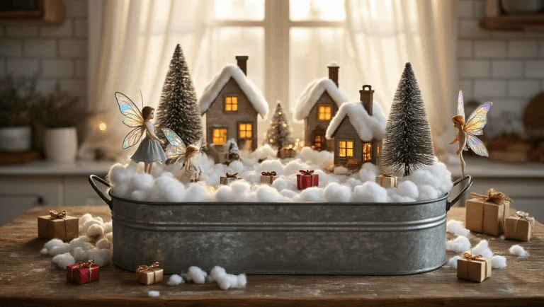 Cinematic overhead view of a rustic galvanized metal container filled with cotton batting snow, featuring miniature snow-dusted houses, bottle brush trees, fairy figurines, tiny wrapped presents, and warm LED lights, all set against a cozy farmhouse kitchen backdrop with soft golden hour lighting and crafting supplies nearby.