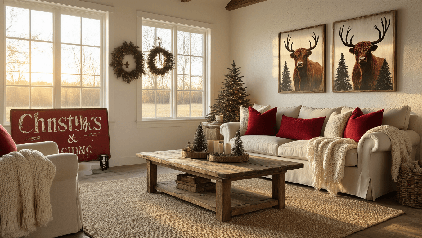 Cinematic shot of a cozy farmhouse living room at golden hour, featuring warm sunlight, rustic Christmas decor, a beige linen sofa, reclaimed barn wood coffee table, and soft shadows, creating an inviting holiday atmosphere.