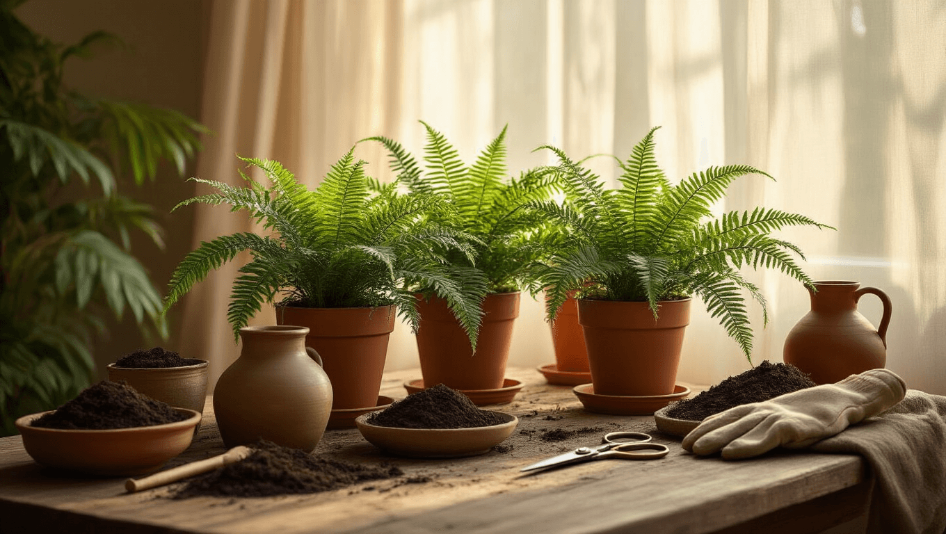 Cinematic close-up of Christmas ferns in terracotta planters on a wooden table, illuminated by golden hour light. Surrounded by gardening tools, watering vessels, and organic mulch, the scene features lush green foliage against warm earth tones, with soft shadows and a rich, inviting atmosphere.