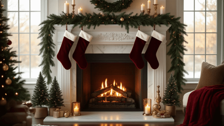 Cinematic wide shot of a luxurious Christmas fireplace mantel decorated with rich green garland, deep red stockings, golden candlesticks with flickering candles, and small Christmas trees, all bathed in warm amber light, creating a cozy holiday atmosphere.
