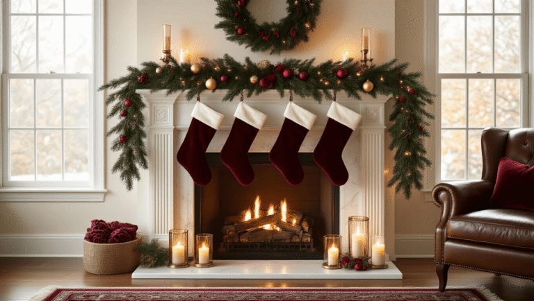Transform Your Fireplace Into a Christmas Wonderland: The Complete Guide to Festive Mantel Magic Elegant Christmas fireplace mantel adorned with emerald pine garland, burgundy velvet stockings, flickering candles, and twinkling lights, set against a warm golden hour background, creating a cozy holiday atmosphere.