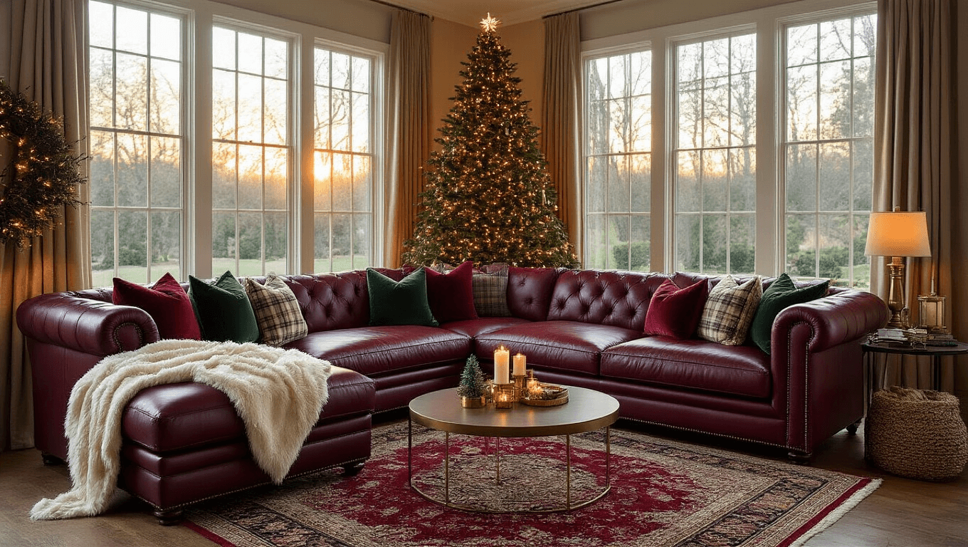 Cinematic wide-angle shot of a luxurious Christmas living room featuring a 9-foot Fraser fir tree, burgundy leather sectional, warm lighting, and cozy decor during golden hour.