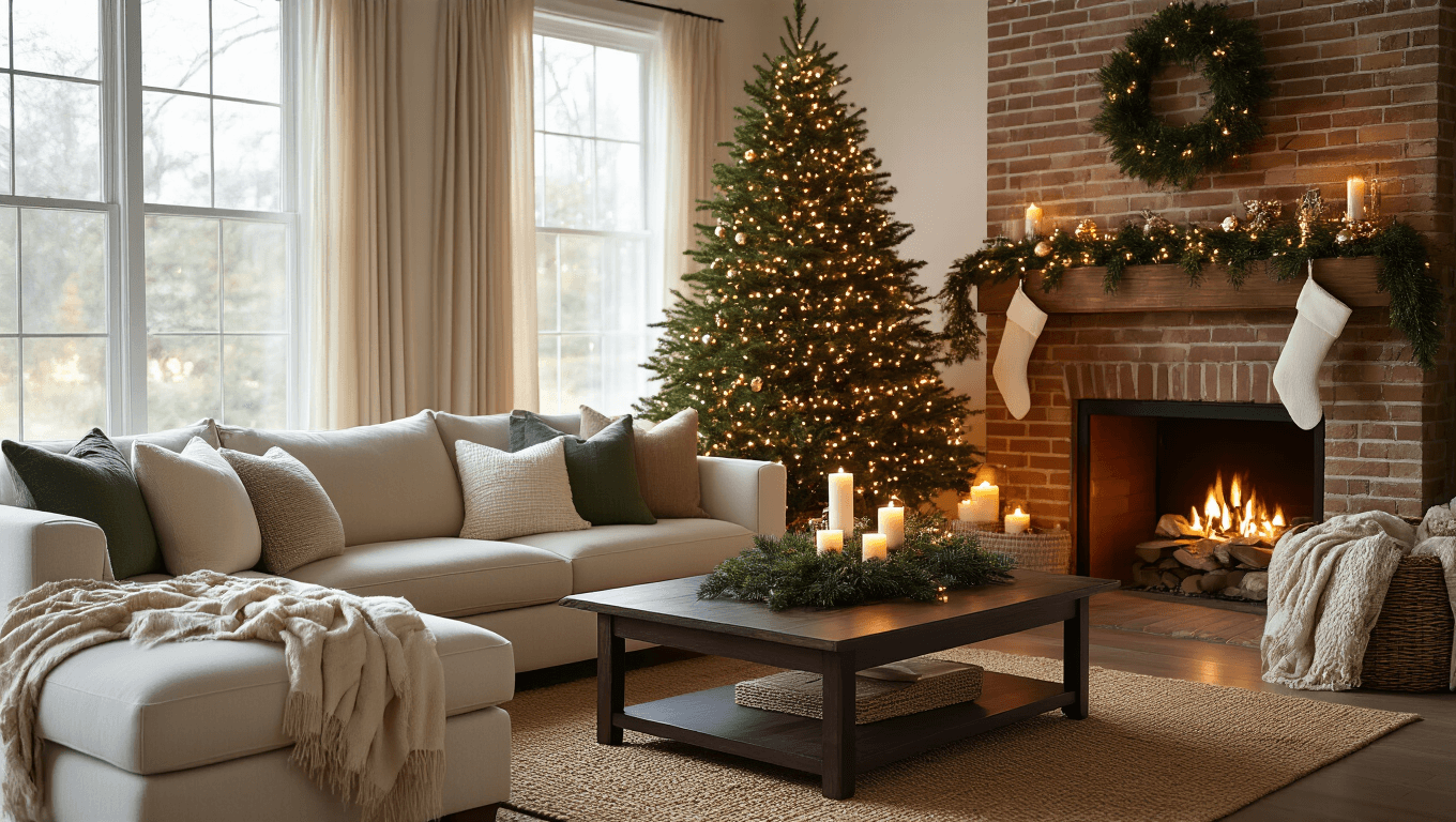 Cozy Christmas living room with Fraser fir tree, fairy lights, cream sectional sofa, dark walnut coffee table, exposed brick fireplace, and soft amber lighting.