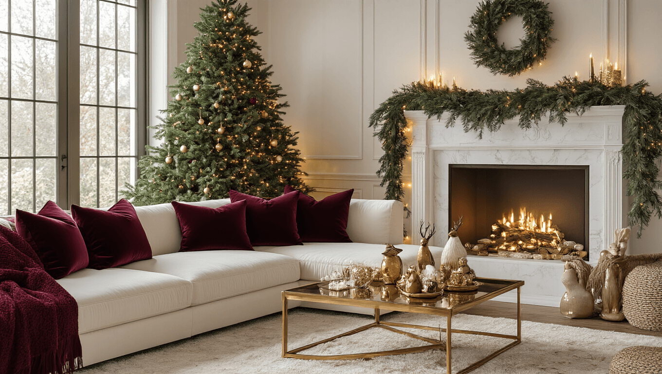 Cinematic wide shot of an elegant Christmas living room featuring a sage green tree, cream sectional with burgundy velvet pillows, and gold accents, illuminated by warm lighting.