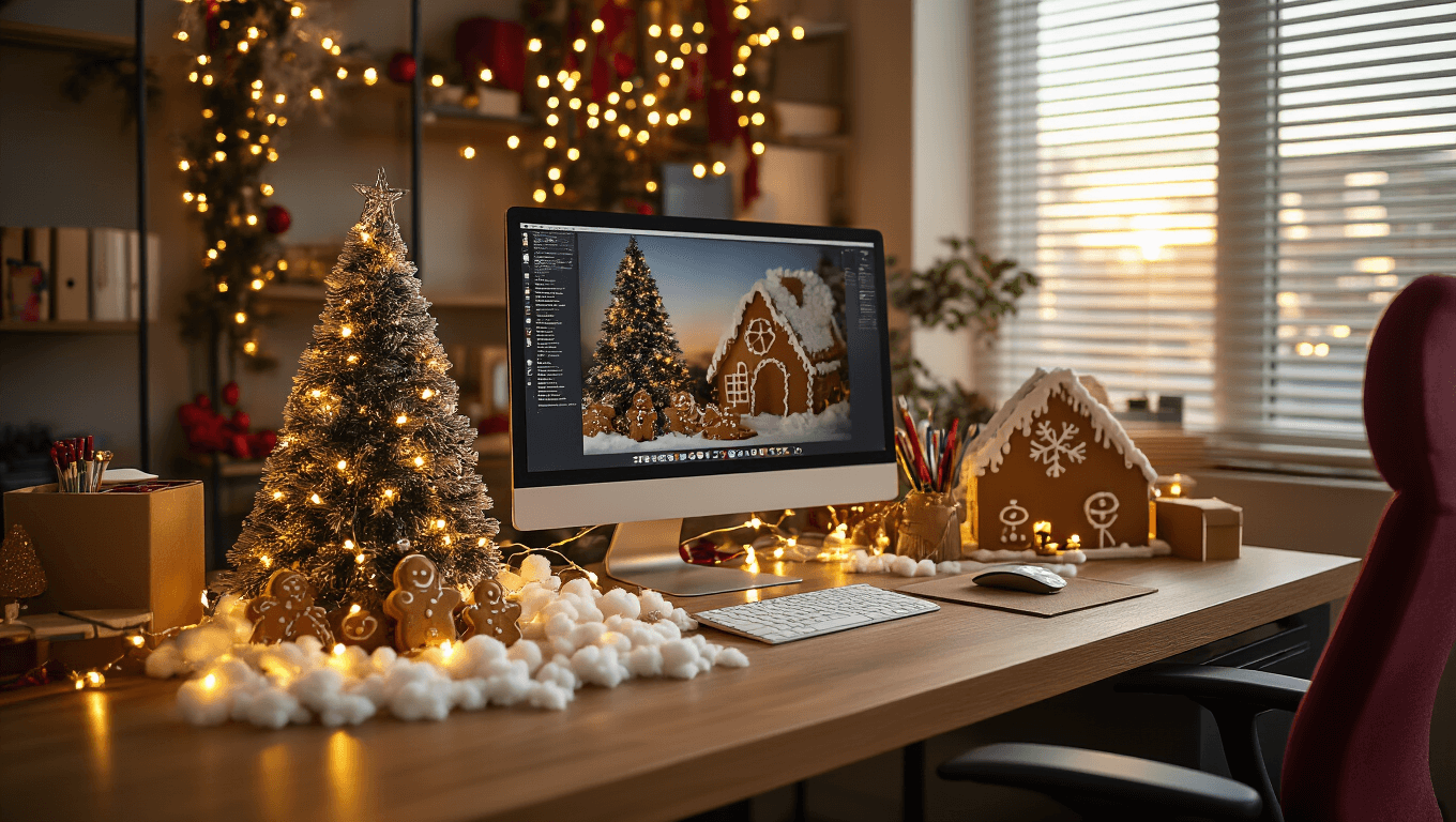 Cinematic office workspace featuring an 18-inch LED-lit artificial Christmas tree, warm white string lights around the monitor, and gingerbread house decorations, all illuminated by soft afternoon light, creating an inviting holiday atmosphere in a professional setting.