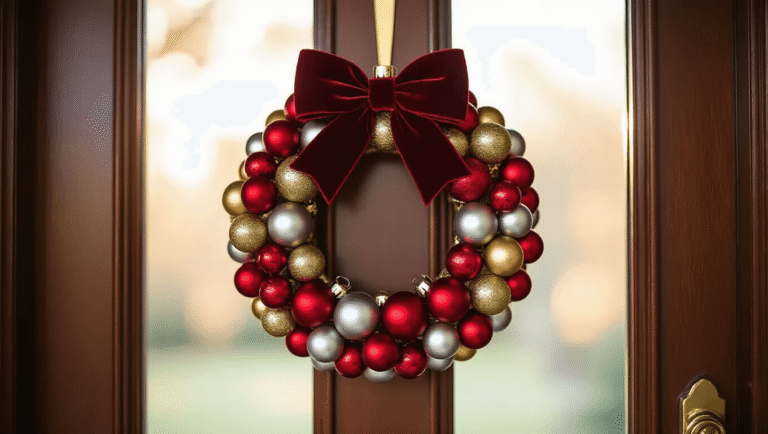 Close-up of a handcrafted Christmas ornament wreath with red, gold, and silver balls on a mahogany door, featuring a velvet bow, warm golden hour lighting, and a cozy entryway ambiance.