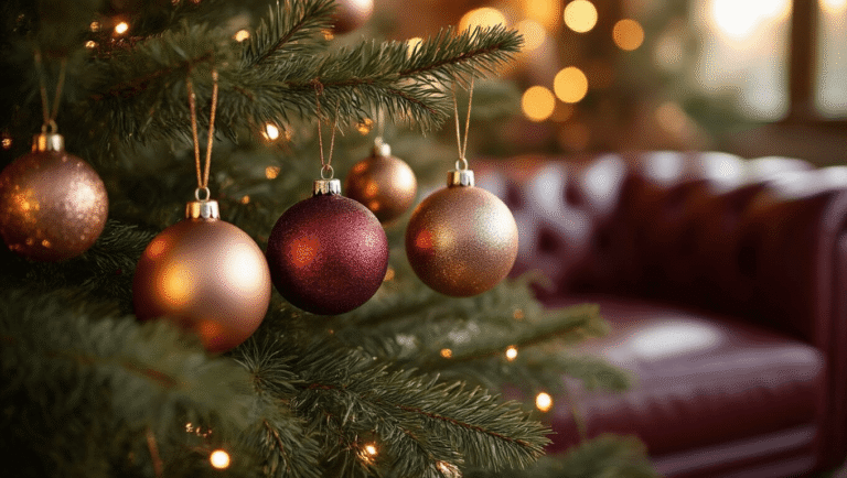 Cinematic close-up of metallic Christmas ornaments in warm lighting, featuring varied finishes on Fraser fir branches, with blurred burgundy leather furniture in the background.