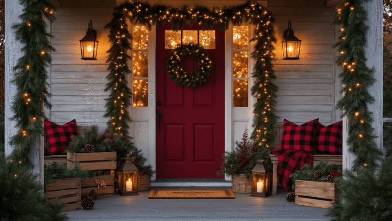 Cinematic Christmas porch scene featuring a deep burgundy front door, lush evergreen garland, warm amber string lights, brass lanterns, and rustic decor with rich red and green colors, all set in a cozy golden hour ambiance.