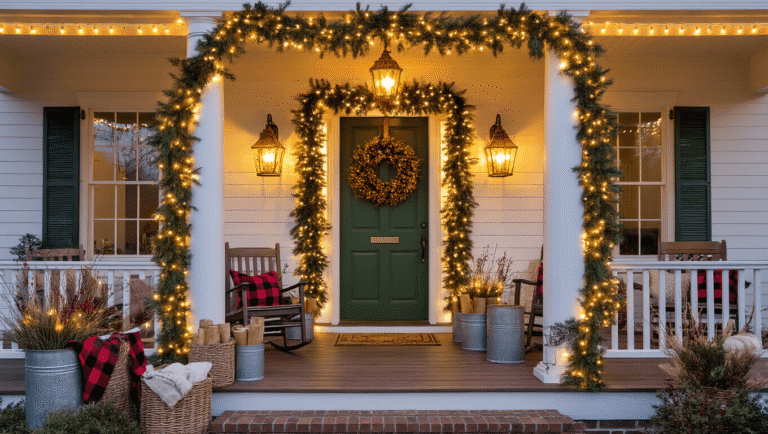 Wide-angle view of a beautifully decorated grand wraparound porch at golden hour, featuring illuminated columns, layered garland, a wreath on the door, glowing lanterns, rustic planters, and cozy seating elements, creating a warm farmhouse Christmas atmosphere.