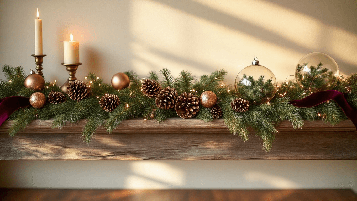 Cinematic wide shot of an elegant rustic mantel with moss-wrapped garland and copper-painted pine cones, vintage brass candlesticks, glass ornaments with evergreen sprigs, and copper fairy lights, set against a cream wall and reclaimed wood, illuminated by warm golden hour sunlight.