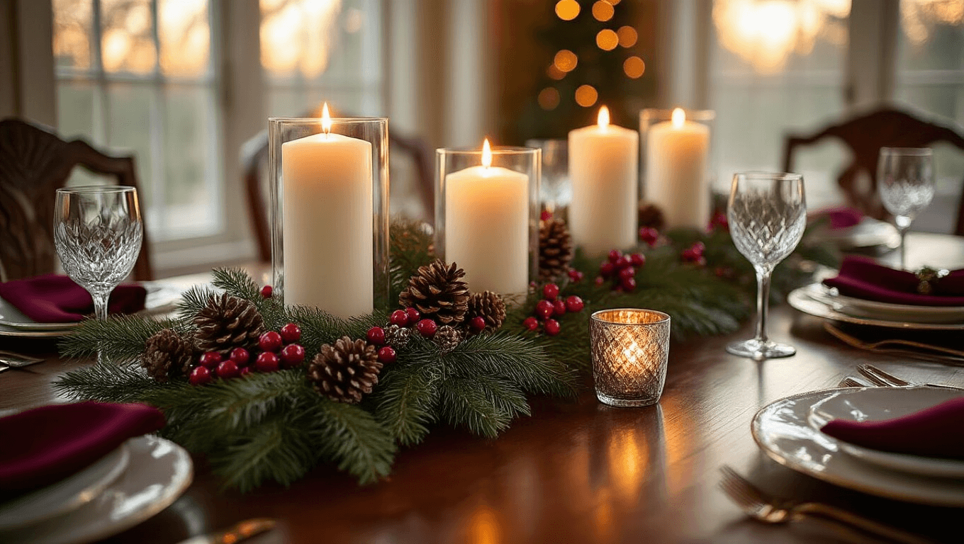 Elegant mahogany dining table set for Christmas with a centerpiece of noble fir branches, white pillar candles, pinecones, and red winterberries, illuminated by warm golden hour light.