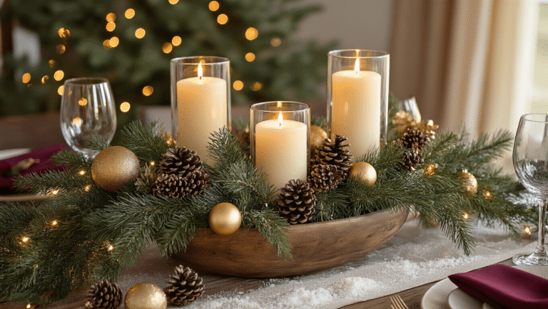 Creating Magical Christmas Table Decor That'll Make Your Guests Go "WOW!" Elegant Christmas tablescape with pine garland, pinecones, cream pillar candles, and warm golden accents, captured in soft golden hour light.