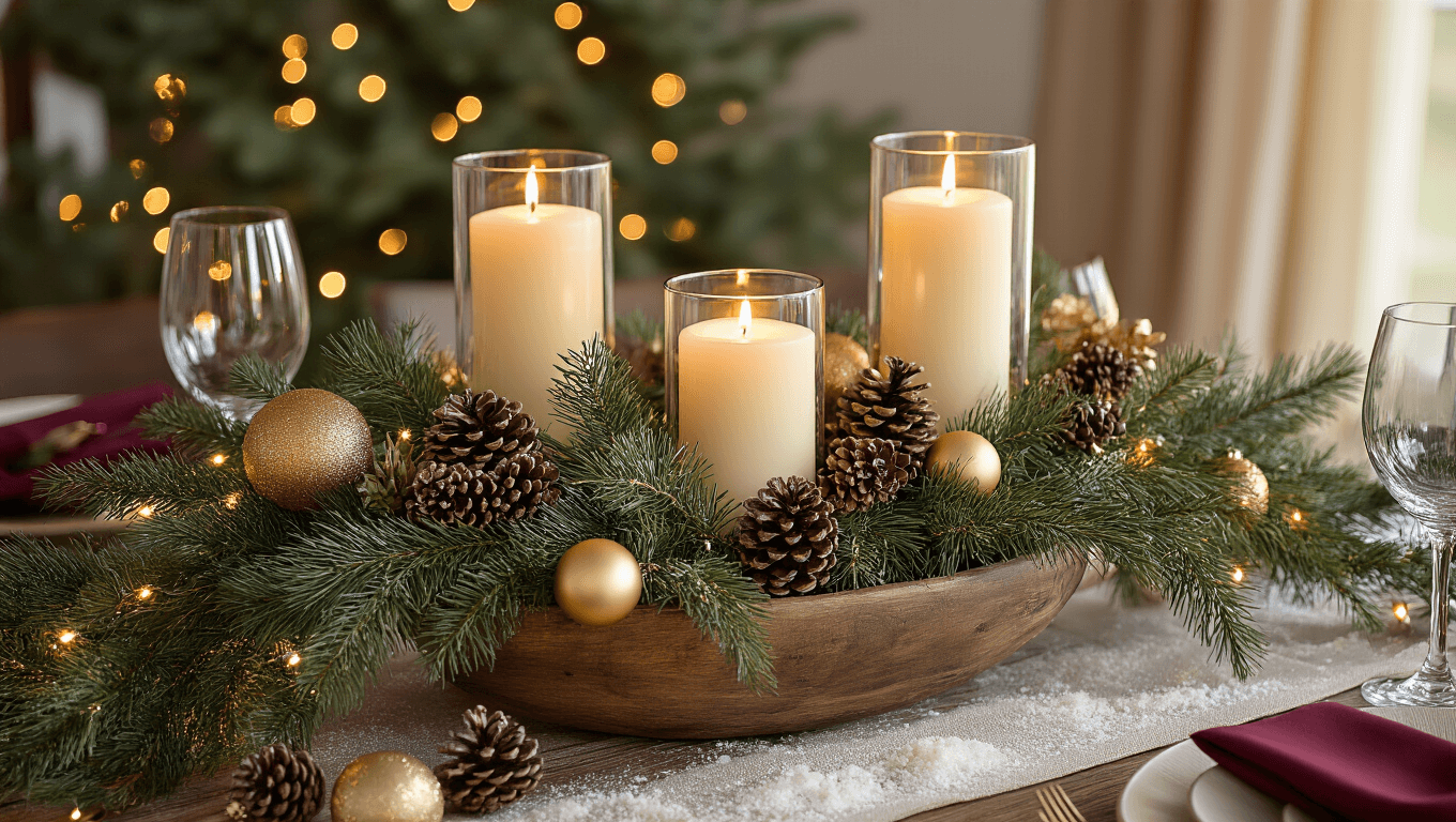 Elegant Christmas tablescape with pine garland, pinecones, cream pillar candles, and warm golden accents, captured in soft golden hour light.