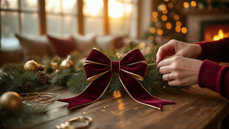 Close-up of hands crafting elegant Christmas tree bows with burgundy velvet and gold metallic ribbons, surrounded by crafting materials and festive decorations in a cozy, warmly lit living room setting.