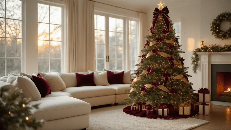 Elegant living room with a 7-foot Fraser fir Christmas tree, adorned with burgundy velvet and gold ribbon bows, warm lighting, plush sofa, and twinkling string lights, showcasing festive holiday ambiance.