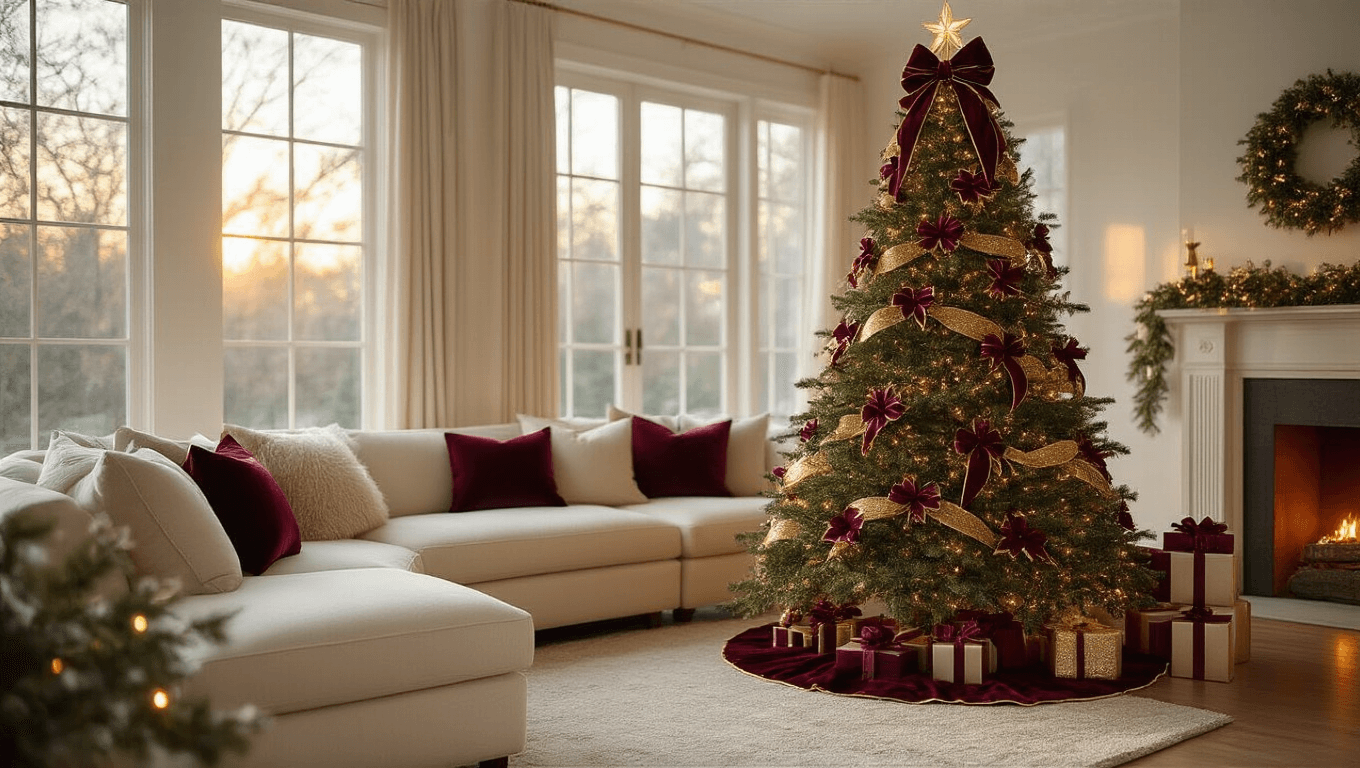Elegant living room with a 7-foot Fraser fir Christmas tree, adorned with burgundy velvet and gold ribbon bows, warm lighting, plush sofa, and twinkling string lights, showcasing festive holiday ambiance.