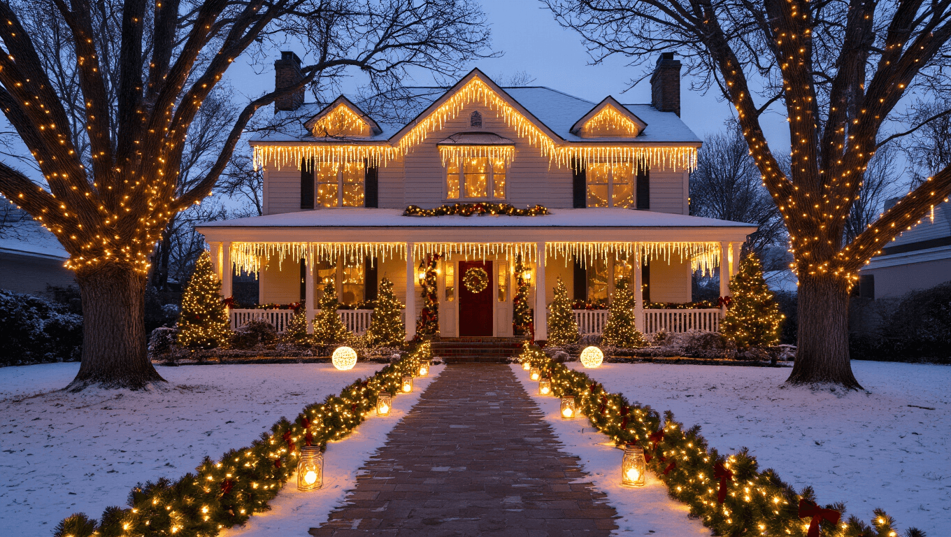 Enchanting suburban home adorned with Christmas lights, featuring glowing roofline, icicle lights, LED-wrapped trees, illuminated pathway, and festive decorations in warm golden hour lighting against a deep navy sky.