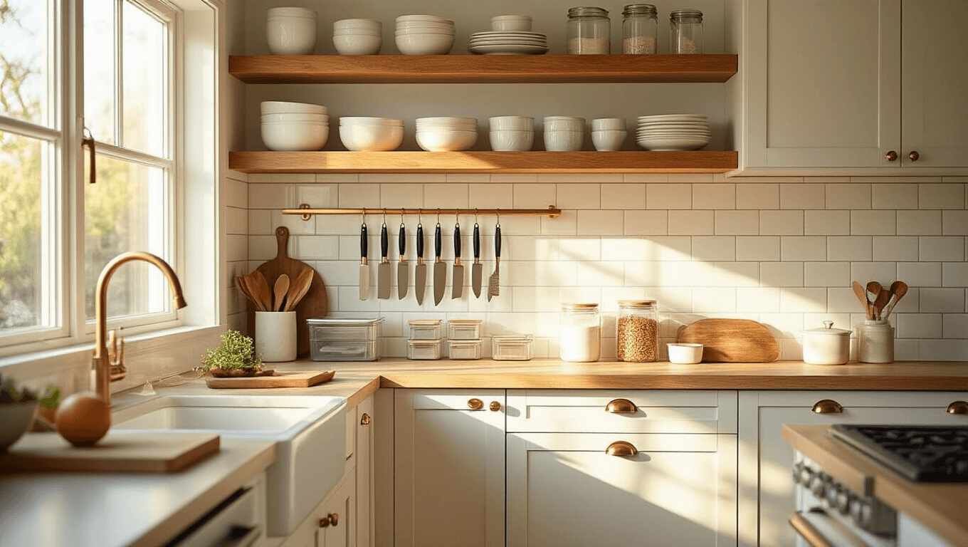 Cinematic shot of a compact kitchen featuring organized wood shelves, white dishes, a magnetic knife strip, pull-out drawers with LED lighting, and a rolling cart, all illuminated by golden hour light, showcasing clutter-free quartz countertops and elegant white shaker cabinets.