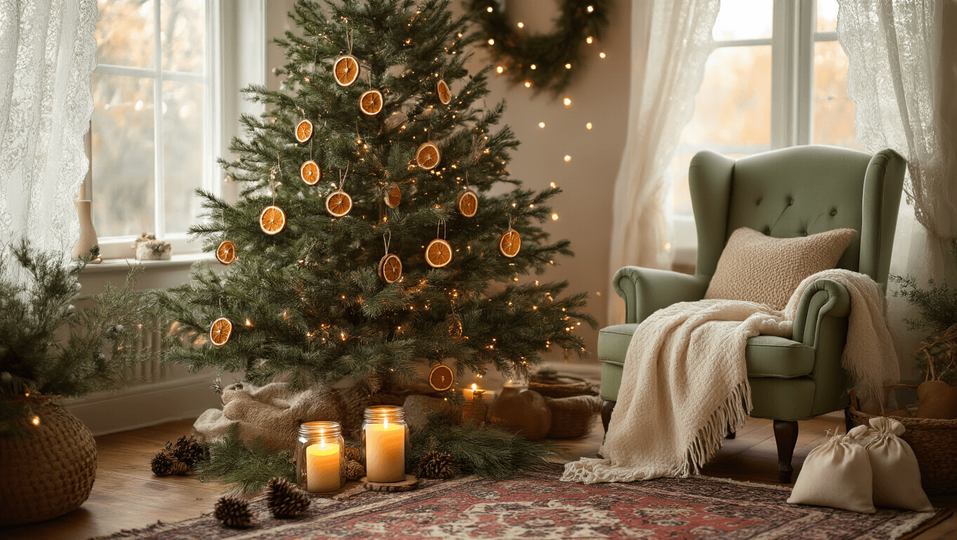 Cinematic wide shot of a cozy cottagecore Christmas corner featuring a rustic pine tree with handmade ornaments, warm light filtering through lace curtains, a sage green wingback chair, a vintage Persian rug, and soft string lights.