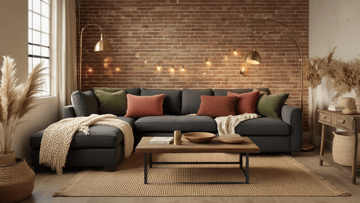 A cozy small apartment living space bathed in warm golden hour light, featuring a charcoal sectional sofa with cream and terracotta throws, layered textures, and various ambient lighting sources, including a vintage brass lamp and string lights, amidst a neutral color palette and lush indoor plants.