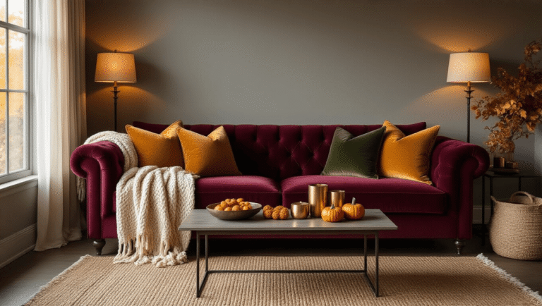 A cozy autumn living room featuring a burgundy velvet sofa with mustard yellow and forest green pillows, draped in cream knit blankets. The space has warm gray walls, dark hardwood floors, and layered rugs, illuminated by soft natural light through sheer curtains, with a coffee table styled with autumn leaves and mini pumpkins.