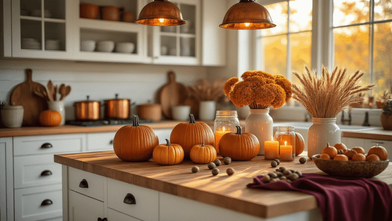 Cozy Fall Kitchen Decor: Transform Your Cooking Space with Autumn Warmth Cinematic wide-angle view of a cozy autumn kitchen with white shaker cabinets, butcher block island, burnt orange and mustard yellow mini ceramic pumpkins, dried hydrangeas in mason jars, rustic wooden cutting boards, gleaming copper pots, warm amber pendant lighting, deep burgundy linen tea towels, scattered acorns, flickering pumpkin spice candles, and rich fall foliage outside the windows.