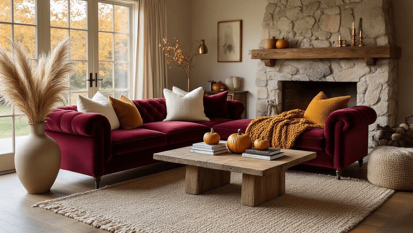 Medium shot of a cozy autumn living room featuring a burgundy velvet sofa, cream pillows, and a mustard knit throw, illuminated by golden hour light. The reclaimed wood coffee table displays ceramic pumpkins and books, alongside a stone fireplace with brass candlesticks. Pampas grass in a tall vase and a textured wool rug enhance the warm ambiance, highlighting rich earthy colors and inviting shadows.