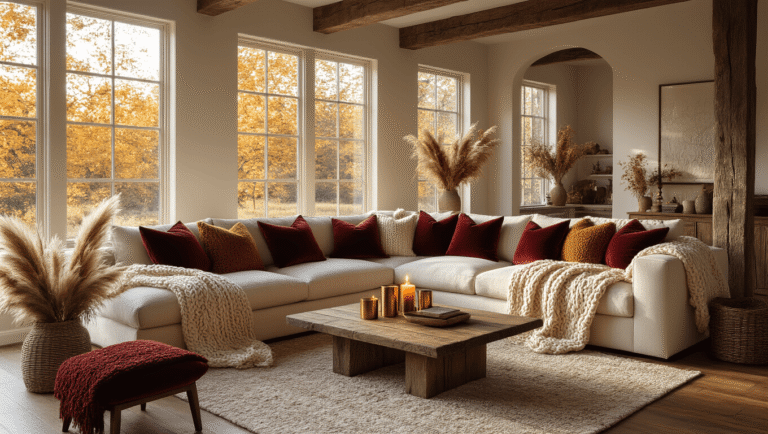 Cozy Fall Indoor Decorating: Transform Your Home with Warmth and Style Cinematic wide shot of a cozy autumn living room featuring a cream sectional with chunky knits, burgundy velvet cushions, rustic coffee table with candles, and warm golden hour lighting.