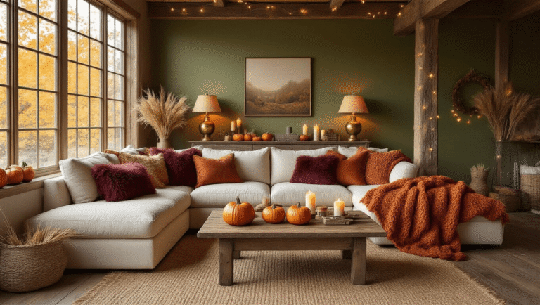 Creating a Cozy Fall Home: Your Ultimate Transformation Guide A cozy fall living room featuring a cream sectional sofa with rust orange knit throws and burgundy faux fur pillows, illuminated by warm vintage lamps and flickering candles, adorned with mini pumpkins on a reclaimed wood coffee table, complemented by an olive green accent wall with fairy lights and a plush reading nook.