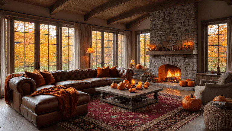 A cozy autumn living room featuring a cognac leather sectional, miniature pumpkins, cinnamon candles, a stone fireplace, and floor-to-ceiling windows with vibrant fall foliage, bathed in warm golden hour light.
