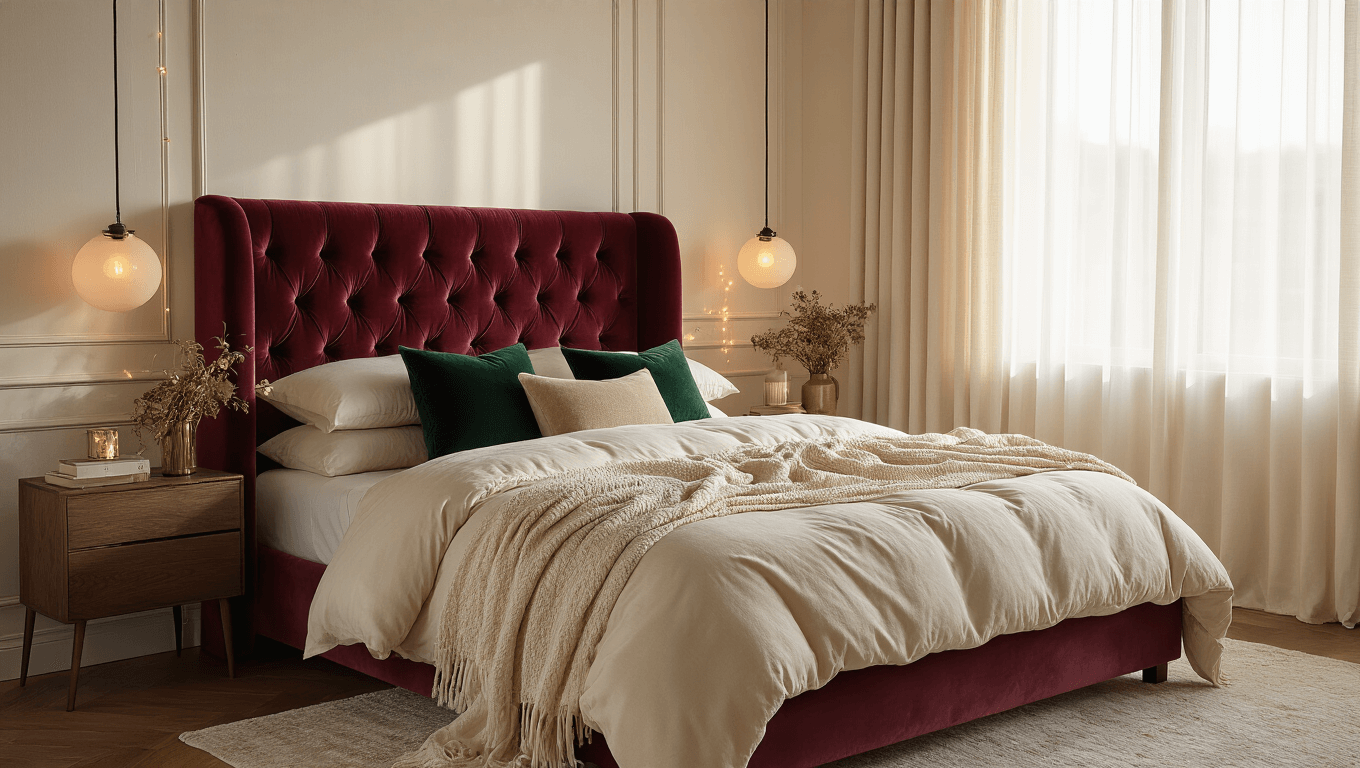 Luxurious bedroom with a tufted burgundy velvet headboard, layered cream throws, emerald pillows, warm golden hour light, rich oak floors, and soft textures creating a cozy sanctuary atmosphere.