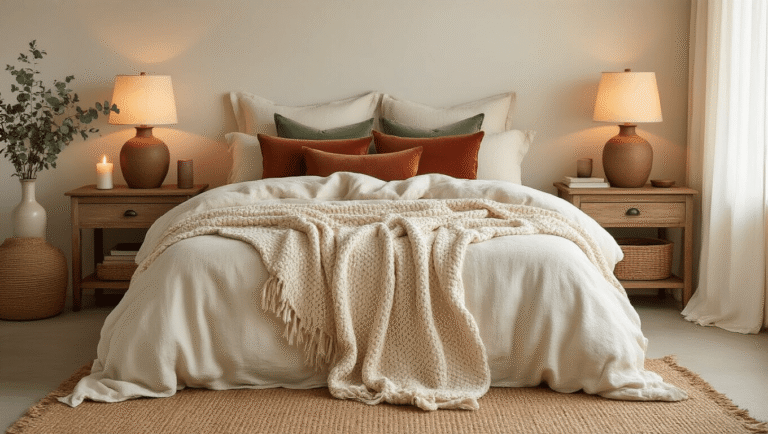 Cinematic golden hour bedroom featuring layered cream linen bedding, chunky knit throw, velvet pillows in sage green and terracotta, warm ambient lighting, flickering candles, jute rug, eucalyptus stems in a ceramic vase, and rattan basket. Soft natural light filters through white curtains, enhancing the cozy and inviting atmosphere with a warm color palette.