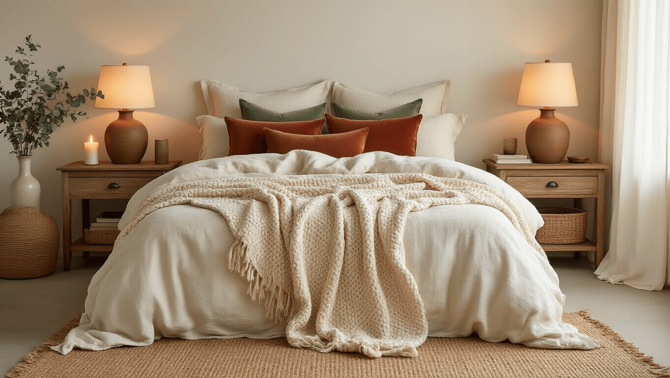 Cinematic golden hour bedroom featuring layered cream linen bedding, chunky knit throw, velvet pillows in sage green and terracotta, warm ambient lighting, flickering candles, jute rug, eucalyptus stems in a ceramic vase, and rattan basket. Soft natural light filters through white curtains, enhancing the cozy and inviting atmosphere with a warm color palette.