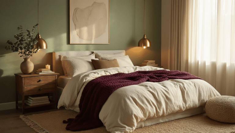 Transform Your Bedroom Into a Cozy Retreat That Actually Helps You Sleep Better Cinematic bedroom sanctuary with golden hour light, unmade cream linen bed, chunky knit burgundy throw, sage green wall, warm brass lamp, vintage nightstand with eucalyptus vase, weathered books, vanilla candle, jute rug layering sheepskin, oversized abstract art, mixed silk and wool pillows, inviting atmosphere.