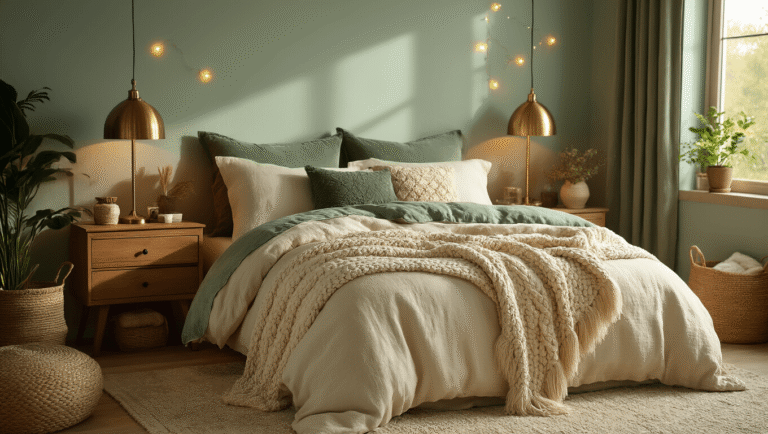 Transform Your Bedroom Into the Ultimate Cozy Sanctuary: A Designer's Guide to Pure Comfort A luxurious cozy bedroom featuring layered cream linen sheets, sage green velvet duvet, and chunky knit throw blankets, illuminated by warm golden hour lighting from brass bedside lamps, with seafoam walls and natural wood furniture, creating an inviting sanctuary atmosphere.