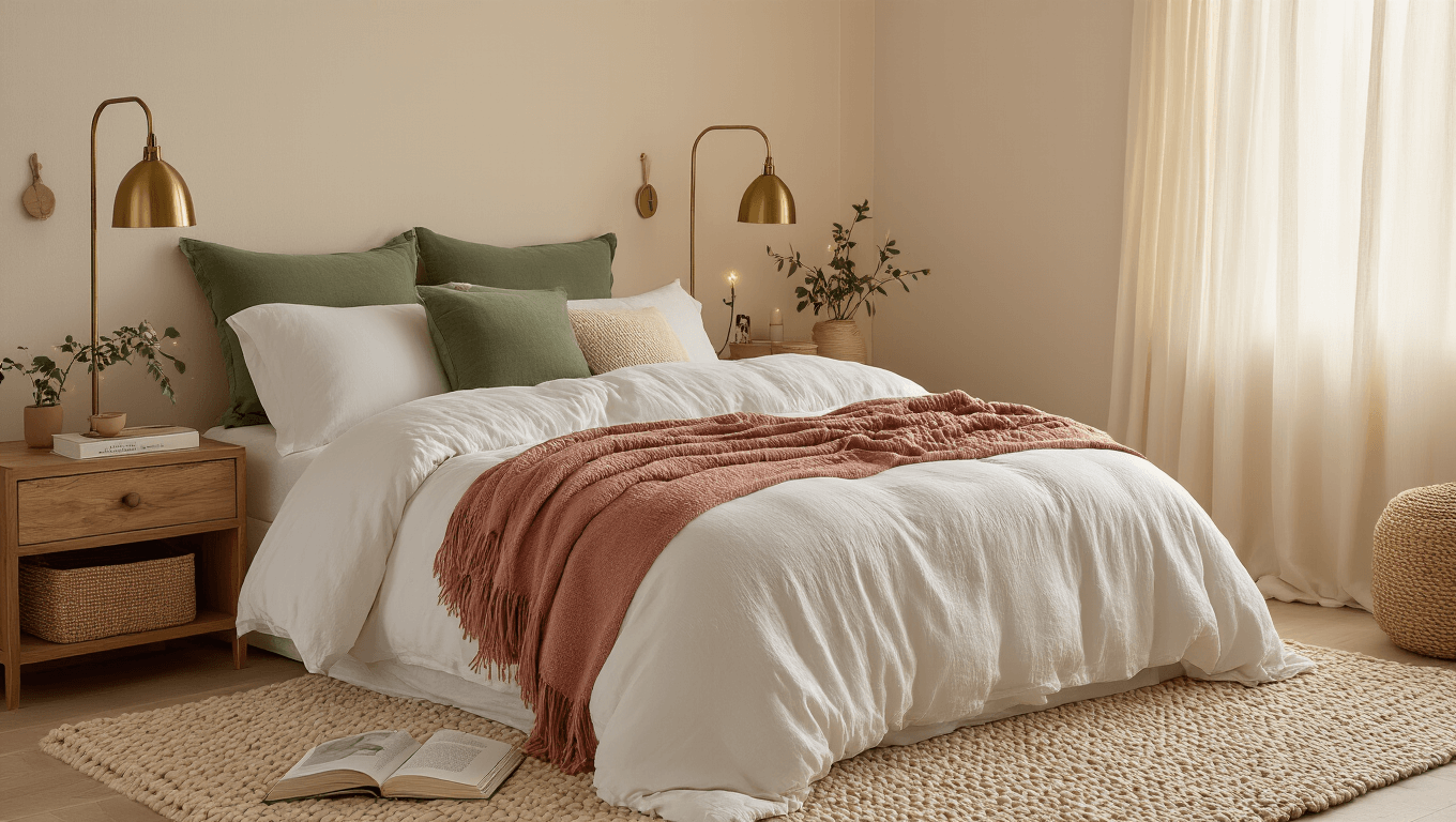 A cozy bedroom bathed in warm golden hour light, featuring layered white bedding, sage green and terracotta accents, soft textures, and inviting decor, creating a serene and lived-in atmosphere.