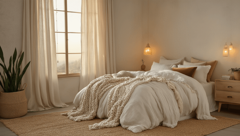 How to Create a Cozy Aesthetic Bedroom That Actually Feels Like a Warm Hug A cozy bedroom bathed in warm golden hour light, featuring a cloud-like bed with chunky knit throws, velvet pillows, and layered neutral bedding. Decorated with a textured jute rug, raw wood nightstands, rattan accents, and snake plants, the space exudes organic warmth. Soft amber glows from bedside lamps and string lights highlight muted sage green and dusty blue accents, all captured with cinematic depth of field.