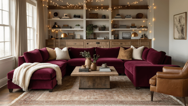 How to Create the Perfect Cozy Living Room That Actually Feels Like Home Cinematic wide shot of a cozy burgundy velvet living room featuring a luxurious sectional, cream throws, gold pillows, and layered textures, with warm lighting from brass lamps and twinkling string lights.