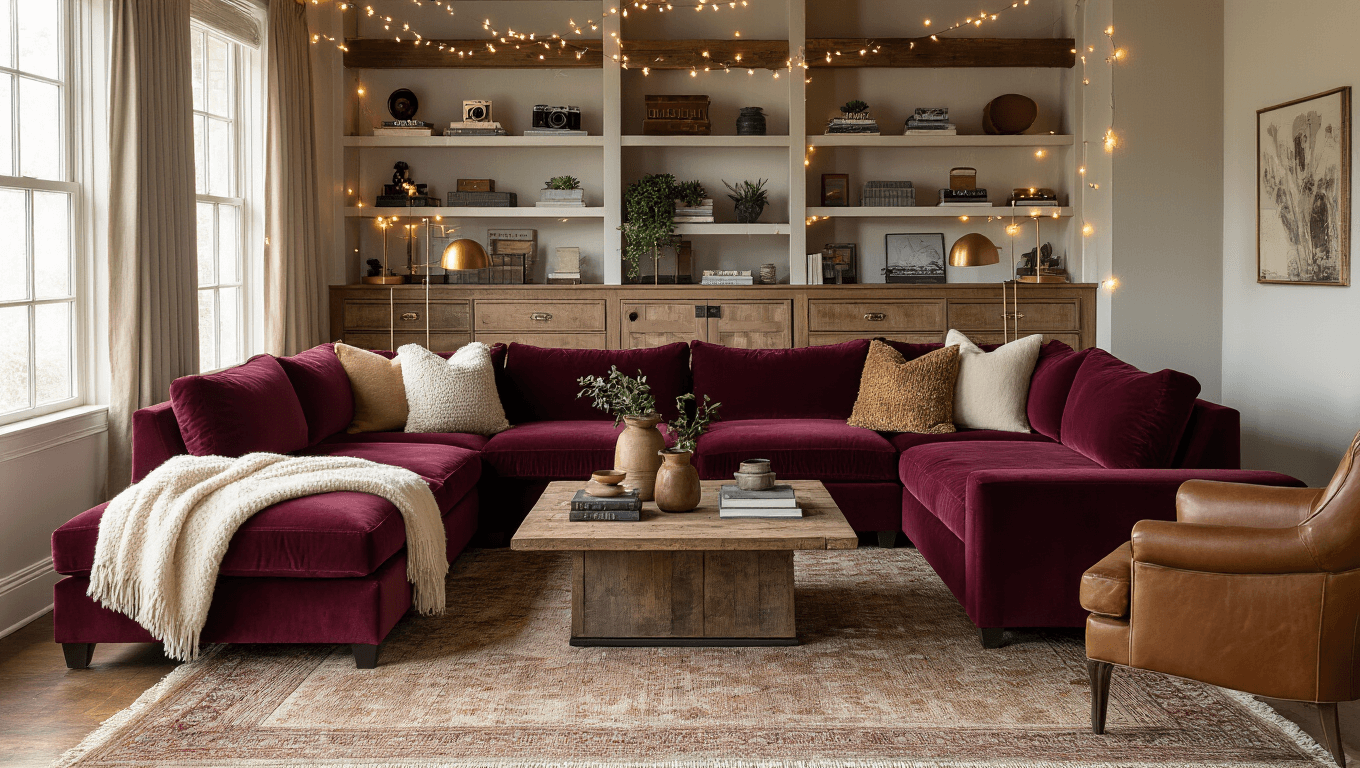 Cinematic wide shot of a cozy burgundy velvet living room featuring a luxurious sectional, cream throws, gold pillows, and layered textures, with warm lighting from brass lamps and twinkling string lights.
