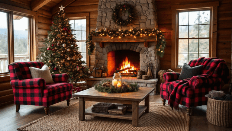 Cozy cabin living room during golden hour, featuring a stone fireplace, red buffalo check armchair, rustic pine coffee table with pinecone garland, decorated Christmas tree, warm amber lighting, and inviting holiday atmosphere.