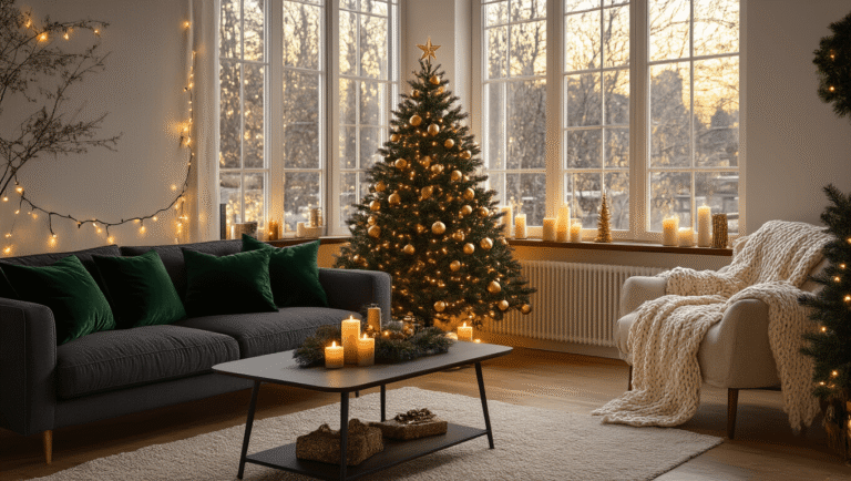 Wide shot of a cozy studio apartment at golden hour, showcasing a charcoal sofa with green velvet pillows, a decorated tabletop Christmas tree, twinkling string lights, battery-operated candles on the windowsill, a cream chunky knit throw on an armchair, and warm wood floors, all creating an inviting winter wonderland atmosphere with rich textures and soft ambient lighting.