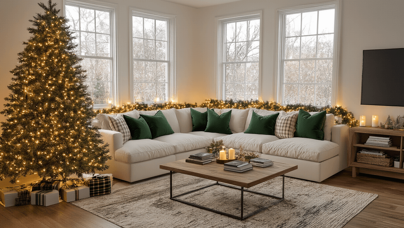 A cozy Christmas-themed apartment with a pre-lit tree, layered ambient lighting, warm textures, and a warm color palette, captured in a wide-angle shot with soft depth of field.