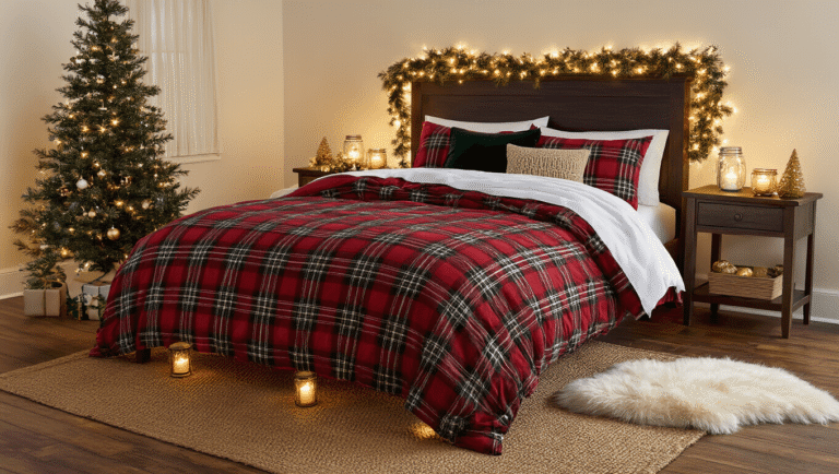 Creating Christmas Bedroom Decor That'll Make Santa Want to Stay Cozy Christmas bedroom with red plaid bedding, warm fairy lights, artificial pine garland, and mini Christmas tree, creating an inviting cabin-like atmosphere.
