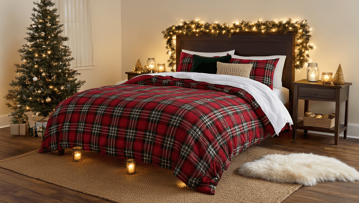 Cozy Christmas bedroom with red plaid bedding, warm fairy lights, artificial pine garland, and mini Christmas tree, creating an inviting cabin-like atmosphere.